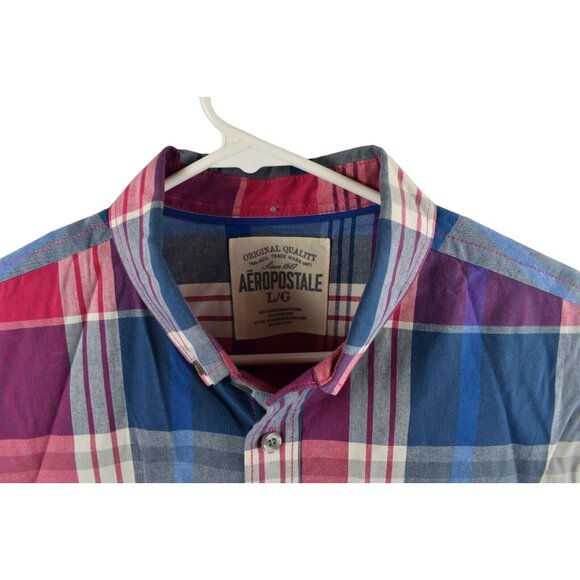 Aeropostle Mens Large Button Down Blue Plaid Cotton Long Sleeve Shirt - Picture 2 of 6
